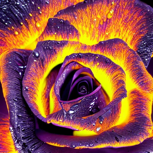 Image similar to award - winning macro of a beautiful black rose made of glowing molten magma