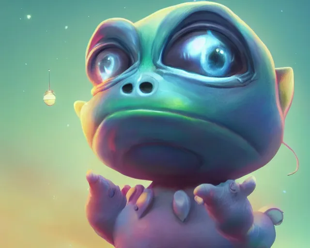 Image similar to 3D Fantasy Cute and adorable small alien piggy in space, huge adorable eyes, bright stars, Smooth 3D Illustration, soft render, Servando Lupini, Daniil Kudriavtsev, handpaint texture, Blender, 3DCoat