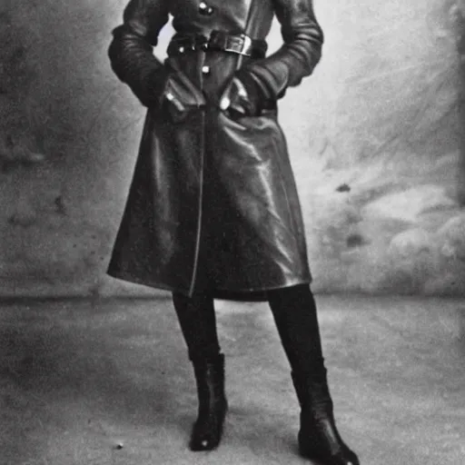 Prompt: photograph of soviet chekist comrade emma watson, posing in a long leather coat with a mauser c 9 6, vintage revolution photograph, famous photo