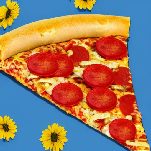 Image similar to A slice of pizza laying on a nice flowery field, realistic, ultra high detail, 8k, close up.