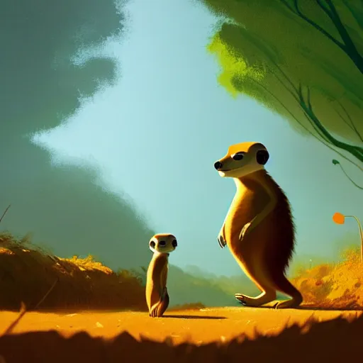 Image similar to goro fujita ilustration a beautiful meerkat walking calmly through a rain forest with the first rays of sun by goro fujita, painting by goro fujita, sharp focus, highly detailed, artstation