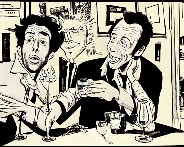 Prompt: Tom Waits and Roberto Benigni in a pub by Will Eisner