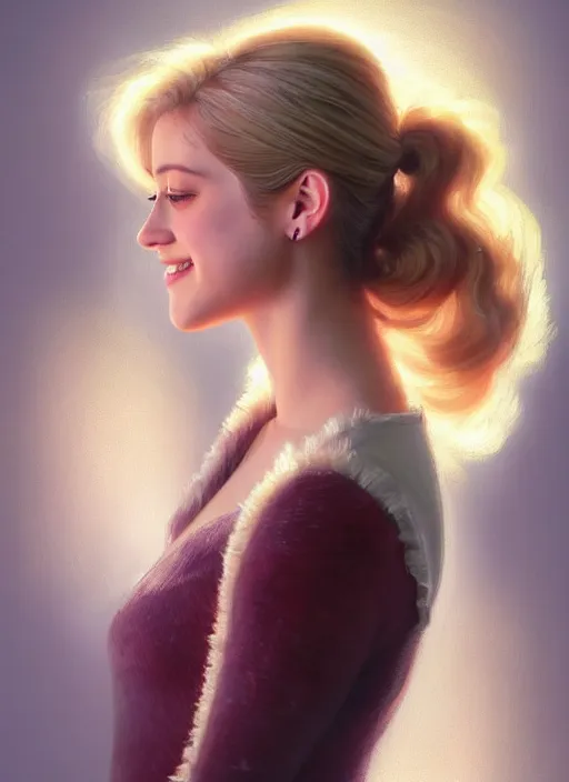 Image similar to portrait of lili reinhart with fluffy bangs, smiling kindly, bangs, 1 9 6 0 s, ponytail, curly bangs and ponytail, intricate, elegant, glowing lights, highly detailed, digital painting, artstation, concept art, smooth, sharp focus, illustration, art by wlop, mars ravelo and greg rutkowski