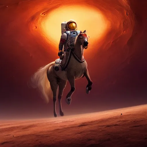 Prompt: centered portrait of the Astronaut riding a Horse in Mars, realistic character concept, high fantasy, light atmosphere, golden ratio, wide shot, cinematic lighting, hyperdetailed, high detailed, high resolution, insanely detailed and intricate, artstation, Marc Simonetti, Greg Rutkowski, octane render, unreal engine, 8k