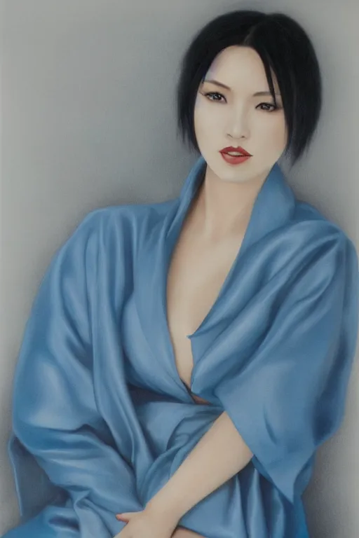 Prompt: hyperrealism close - portrait of ada wong, wearing silver silk robe, blue palette