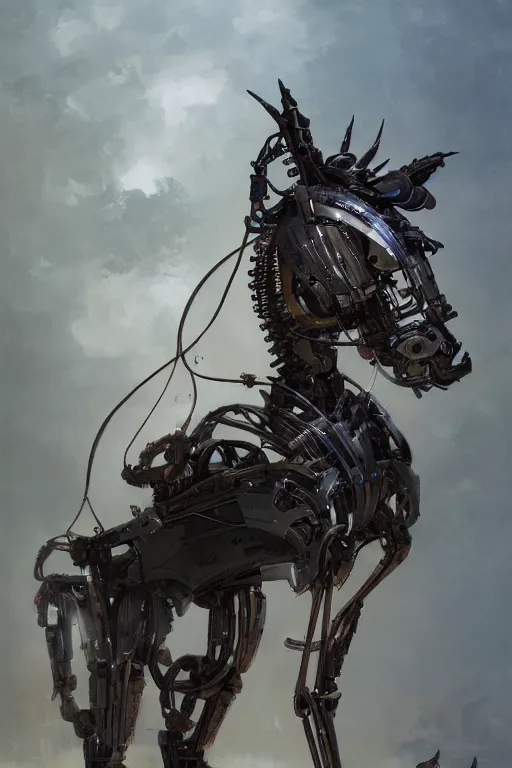 Image similar to 3 quarter view photography portrait of a biomechanical stalion horse illustrated by greg rutkowski and Akira Saito and Peter mohrbacher, boston dynamics, 4k,