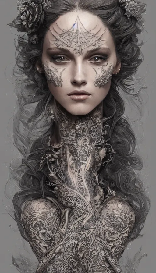 Image similar to tattooed lady, fame of thrones, fibonacci, sweat drops, intricate fashion clothing, insane, intricate, highly detailed, surrealistic, digital painting, artstation, concept art, smooth, sharp focus, illustration, Unreal Engine 5, 8K, art by artgerm and greg rutkowski and alphonse mucha