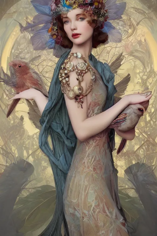 Prompt: extremely beautiful face closeup, 3 d render of english princess holding birds, ornaments, mucha vibe, dieselpunk, solarpunk, artstation, gorgeous, elegant, graceful