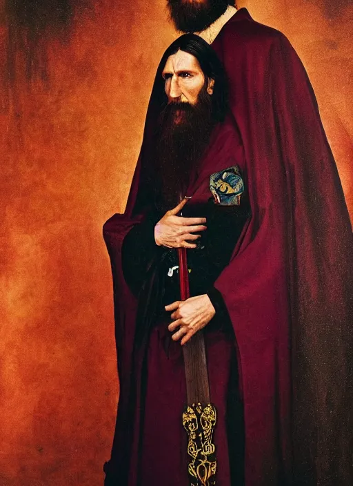 Image similar to full body portrait of a 30 year old RASPUTIN in a STOIC POSE, wearing a highly detailed deep purple and crimson robe with cloak with gold filgree. Sword on Rasputin's back. Cinematic dynamic lighting with backlight. ACTION POSE. portrait by Annie Leibovitz