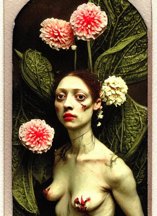 Prompt: beautiful and detailed rotten woman made of plants and many types of stylized flowers like carnation, chrysanthemum, roses and tulips, ornamentation, rococo, intricate, surreal, john constable, guy denning, gustave courbet, caravaggio, romero ressendi 1 9 1 0 polaroid photo