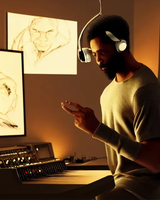 Image similar to light skin black man with headphones at his home studio producing music late at night, very detailed, 4 k, concept art like ernest khalimov, intricate details, highly detailed by greg rutkowski, ilya kuvshinov, gaston bussiere, craig mullins, simon bisley