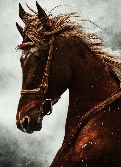 Prompt: cinematic shot epic portraits, hyper realistic, mood lighting, fantasy, detailed horse, highly detailed, super realistic, perfect lighting pixel sorting, style sheet