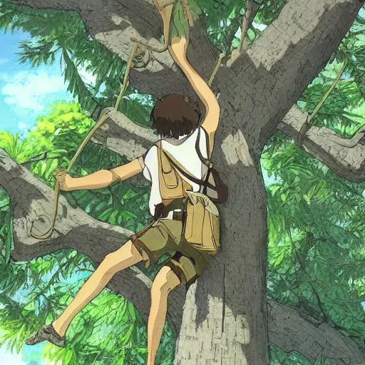 Image similar to gabriel boric over a tree made by studio ghibli, detail, high quality, detailed, beautiful scene, smooth