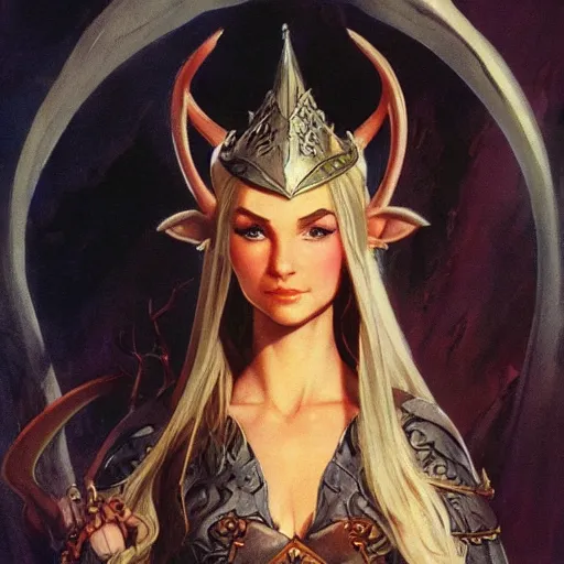 Image similar to elven princess character portrait by frank frazetta, fantasy, dungeons & dragons, sharp focus, beautiful, artstation contest winner, detailed