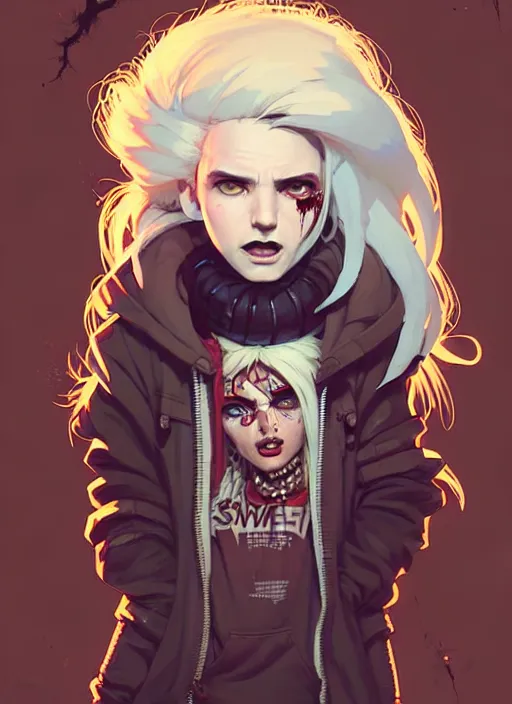 Image similar to highly detailed portrait of a sewer punk canadian lady, tartan hoody, white hair by atey ghailan, by greg rutkowski, by greg tocchini, by james gilleard, by joe fenton, by kaethe butcher, gradient red, brown, blonde cream and white color scheme, grunge aesthetic!!! ( ( graffiti tag wall background ) )