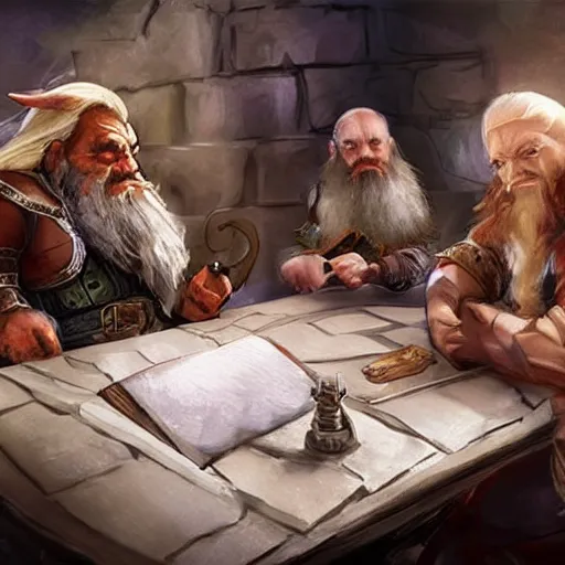 Image similar to Concept art of a human, dwarf, and an elf sitting around a table playing D&D, creative, fantasy