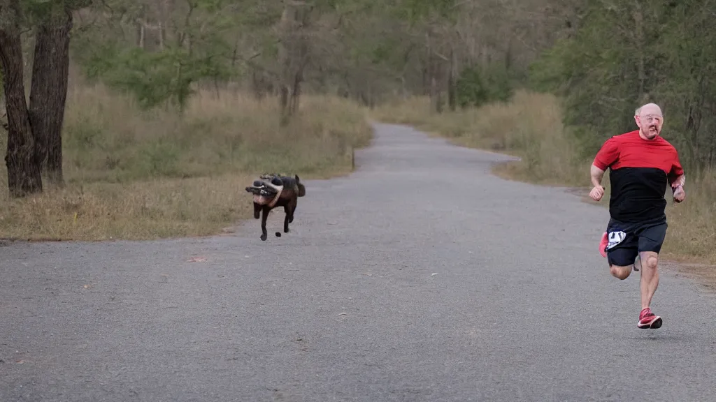 Prompt: man running, 3 5 mm, telephoto, red hair, feral hogs