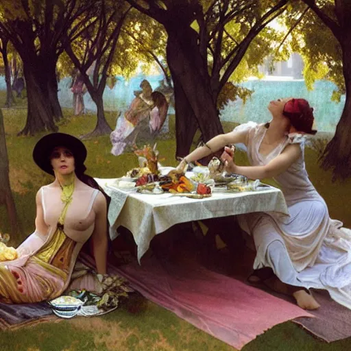 Image similar to a Taxi-Cab-Lunch-Picnic, spread-across-the-hood, romantic luncheon art by alphonse mucha and Monia Merlo and Raymond Swanland