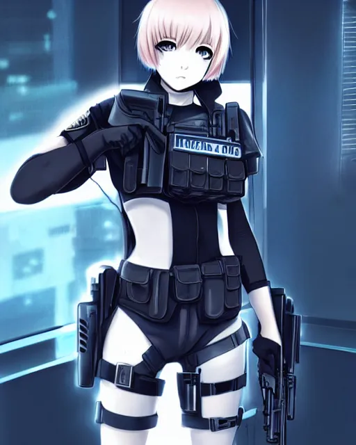 Image similar to 2 b, anime key visual of a young female swat officer, neon, cyberpunk, futuristic, white outfit, black swat vest, swat helmet, holding pdw, stunning, highly detailed, digital painting, smooth, soft focus, illustration, poster, japanese typography, digital art from artstation by artgerm and greg rutkowski and alphonse mucha