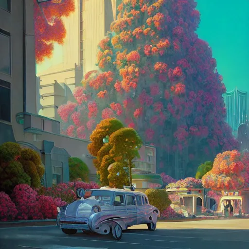 Prompt: a painting of an art - deco cityscape surrounded by flowers, a watercolor and matte painting by beeple and rhads and maxfield parrish, cgsociety, artdeco, utopia art, sci - fi, artstation hq