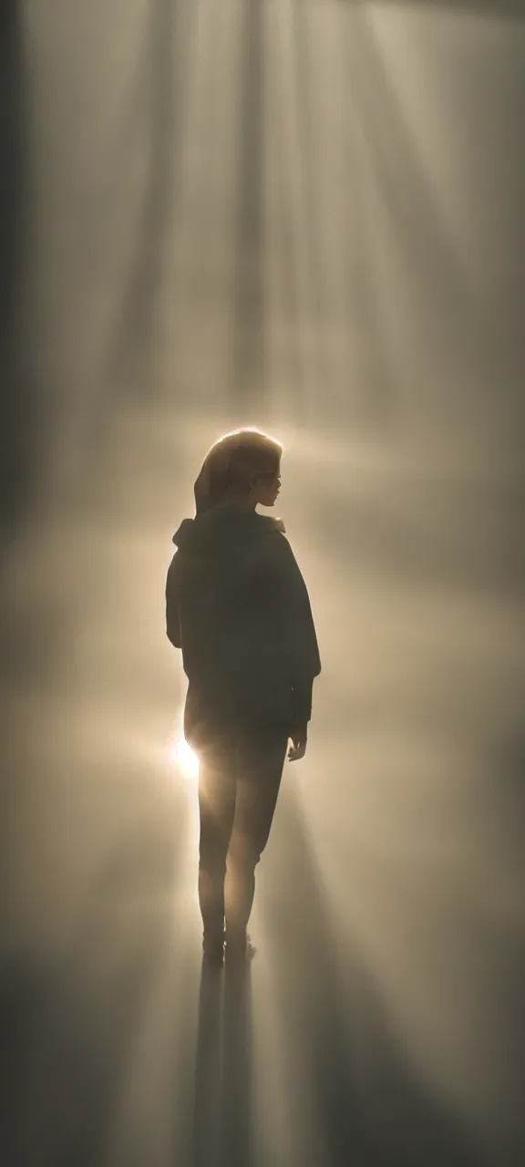 Image similar to very very beautiful photograph of emily skinner looking like annie leonhart in a hoodie standing next to a window god rays shining on her from the sunlight, sharp focus, volumetric fog, smoke, depth of field, beautiful composition, very very very beautifull face, on artstation and instagram, ray tracing