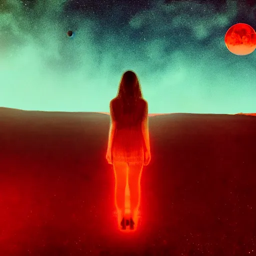 Image similar to A sad spiritual witch standing on mars looking at camera, distant background, red lighting, ominous, moonlight, bokeh, synthwave, psychedelic, glitch, acrylic, flooko, detailed,