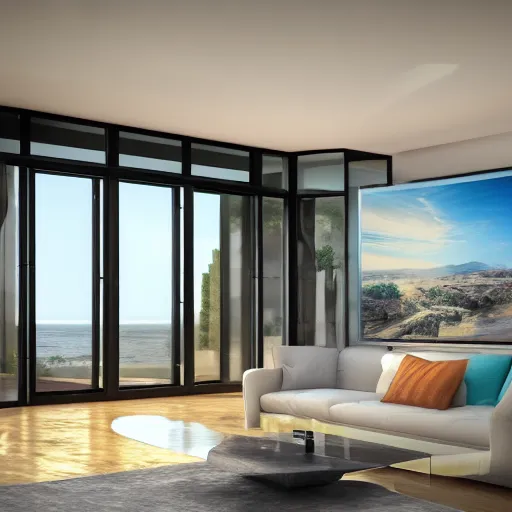 Image similar to modern contemporary interior home design, living room with window facing the sea and sun, photorealistic, ultra - detailed, 4 k high resolution, hdr shot, unreal engine rendering