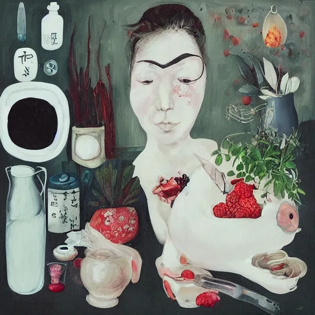 Image similar to “ a portrait in a female art student ’ s apartment, sensual, a pig theme, art supplies, surgical iv bag, octopus, ikebana, herbs, a candle dripping white wax, japanese pottery, squashed berries, berry juice drips, acrylic and spray paint and oilstick on canvas, surrealism, neoexpressionism ”