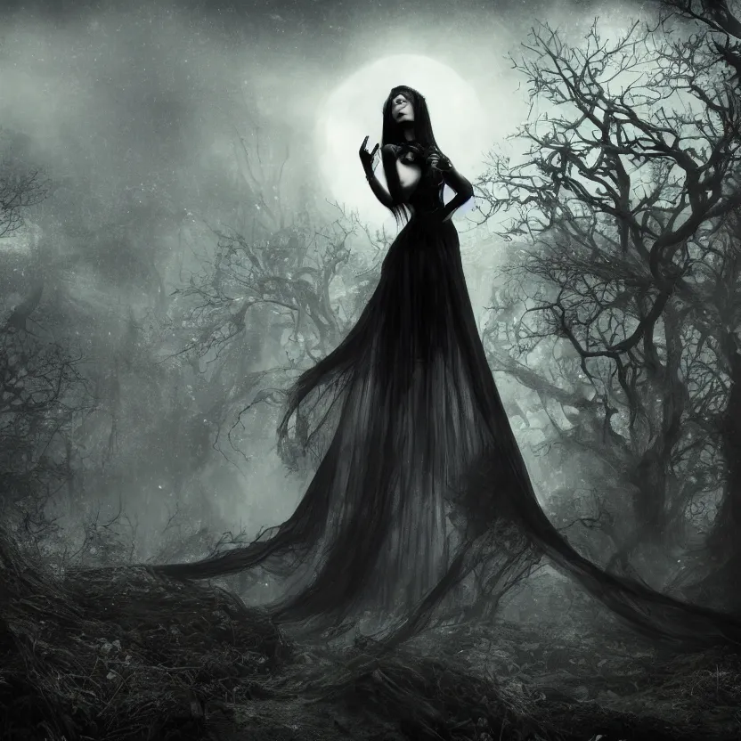 Image similar to stunning otherworldly Gothic goddess of beauty, dark and mysterious, atmospheric, ominous, eerie, cinematic, Epic, 8k, 4k, ultra detail, ultra realistic, rendered by awesomeness