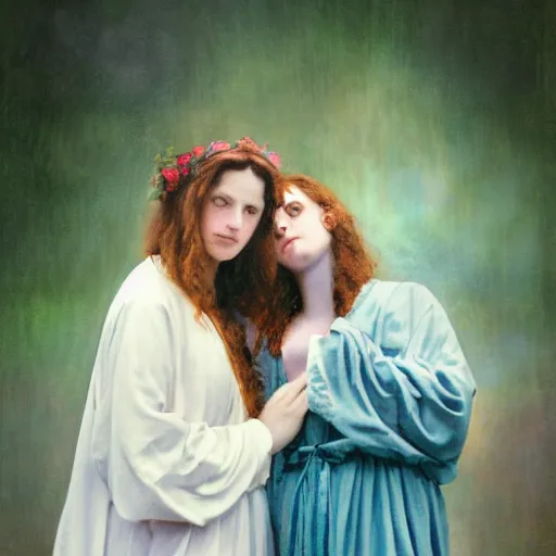 Image similar to painting of a pre - raphaelite girl and mother in robes, 5 0 mm lens, f 1. 4, sharp focus, ethereal, emotionally evoking, head in focus, volumetric lighting, blur dreamy outdoor,