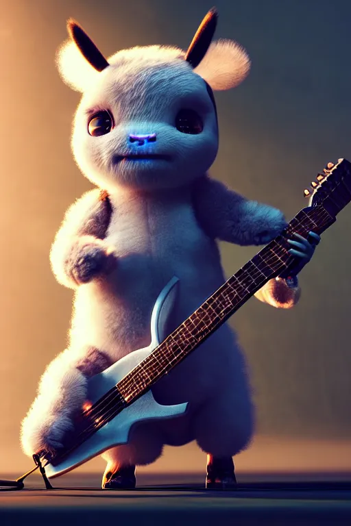 Image similar to high quality 3 d render very cute fluffy! cyborg cow plays guitar, cyberpunk highly detailed, unreal engine cinematic smooth, in the style of blade runner & detective pikachu, hannah yata charlie immer, moody light, low angle, uhd 8 k, sharp focus