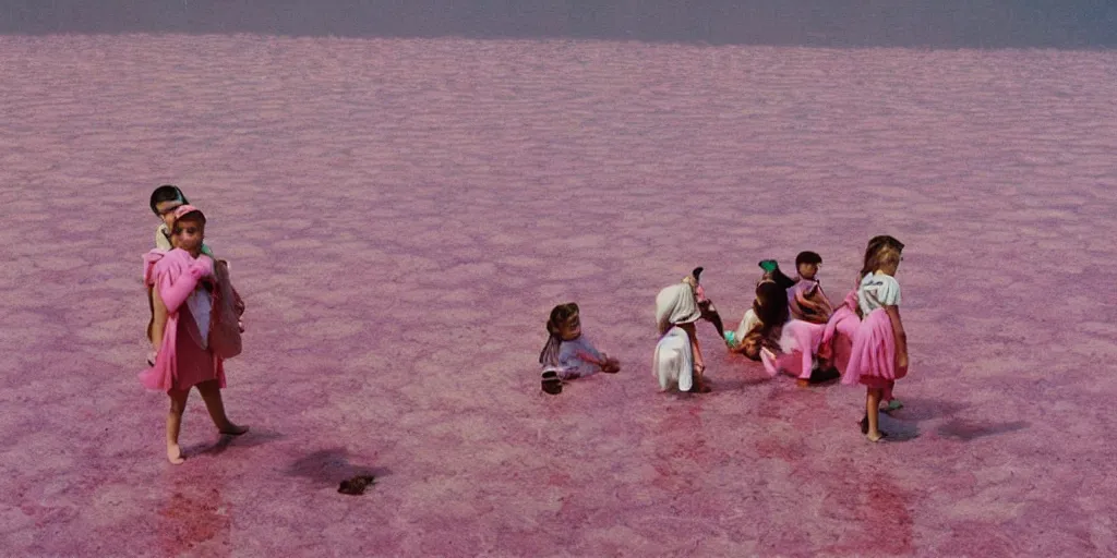 Image similar to 3 5 mm photography of kids wearing a codex seraphinianus costume in a pink lake h 1 2 0 0