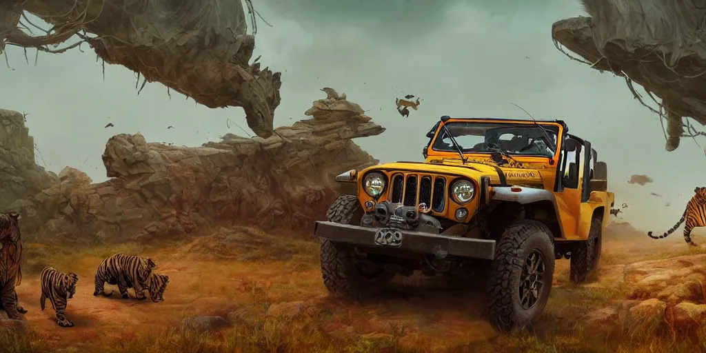 Image similar to Mahindra thar, headlights turned on, tigers and lions attacking, chasing action scene, an epic fantasy, dramatic lighting, cinematic, establishing shot, extremely high detail, photorealistic, cinematic lighting, matte painting, artstation, by simon stalenhag, horizon forbideen west