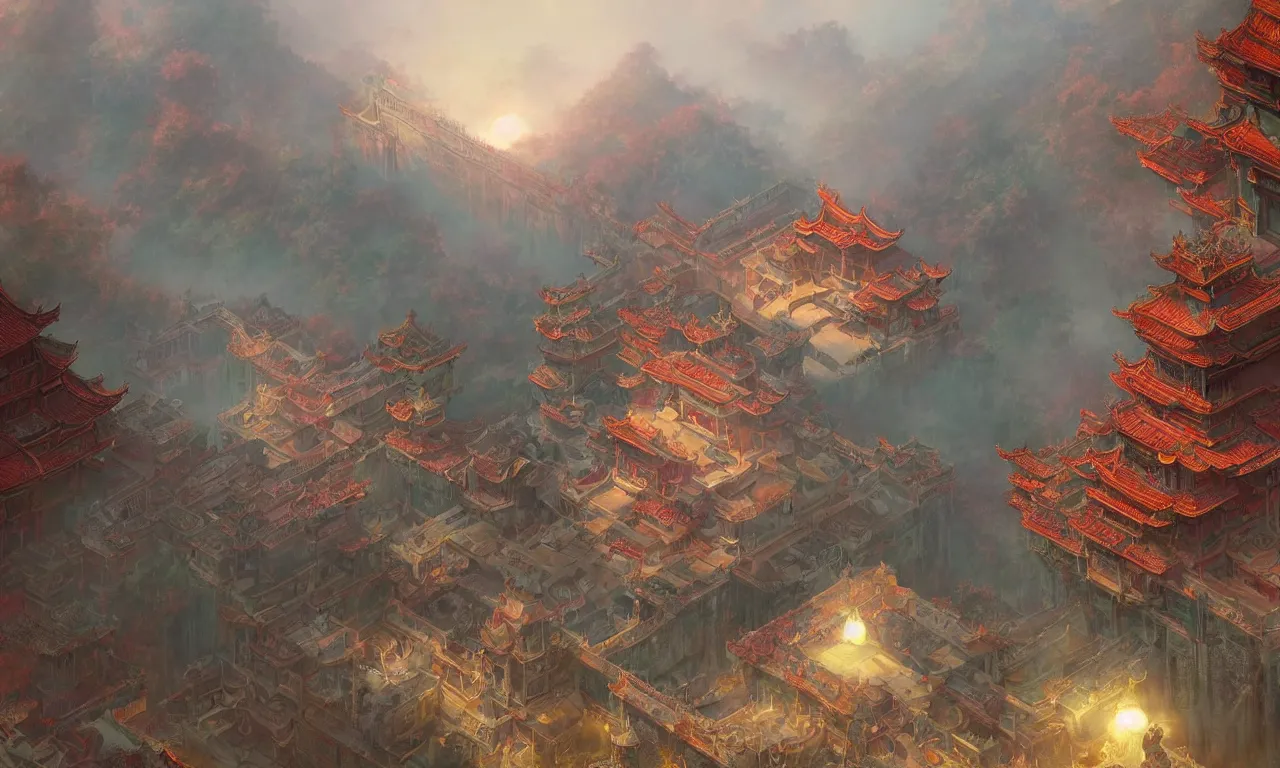 Prompt: A Chinese style splendid palace of the game concept scene original painting, super wide angle, magnificent and gorgeous atmosphere，rtx on，by moebius, Neil Blevins and Jordan Grimmer, trending on cgsociety and artstation, unreal engine，Volumetric light，surreal