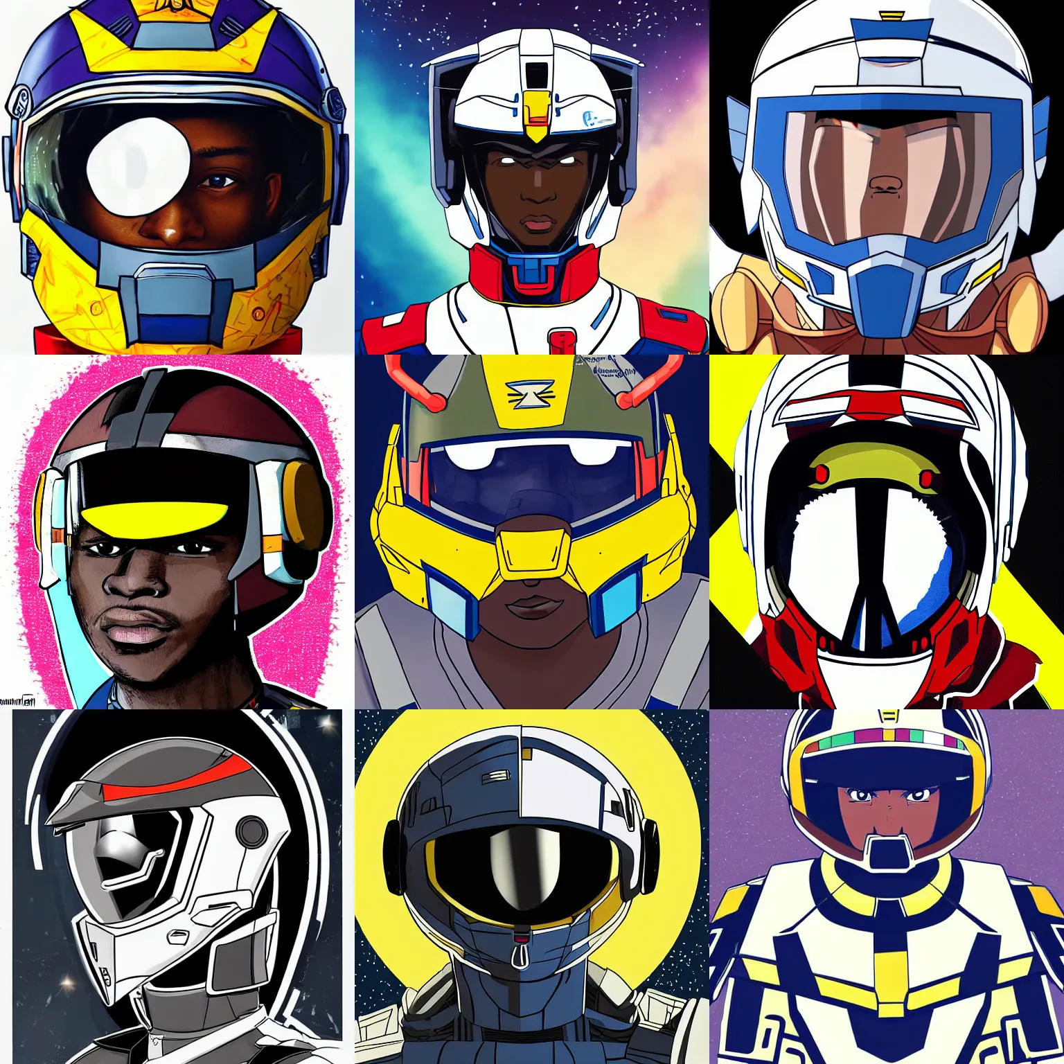 Prompt: a cartoon illustration of one young handsome Senegalese 👨🏾‍🦲 gundam pilot with intricate helmet on, portrait photography by milestone media and denys cowan and jim lee, urbancore, gadgetpunk, hiphop, urban inspired, symmetrical facial features, symmetrical proportions, epic composition, high energy, proud, colorful, white background, in the style of Teen Titans and Disney's the Proud Family, beautiful portrait, photorealistic, 32k, hd, cinematic lighting, uplight, leftlight, studio lighting,