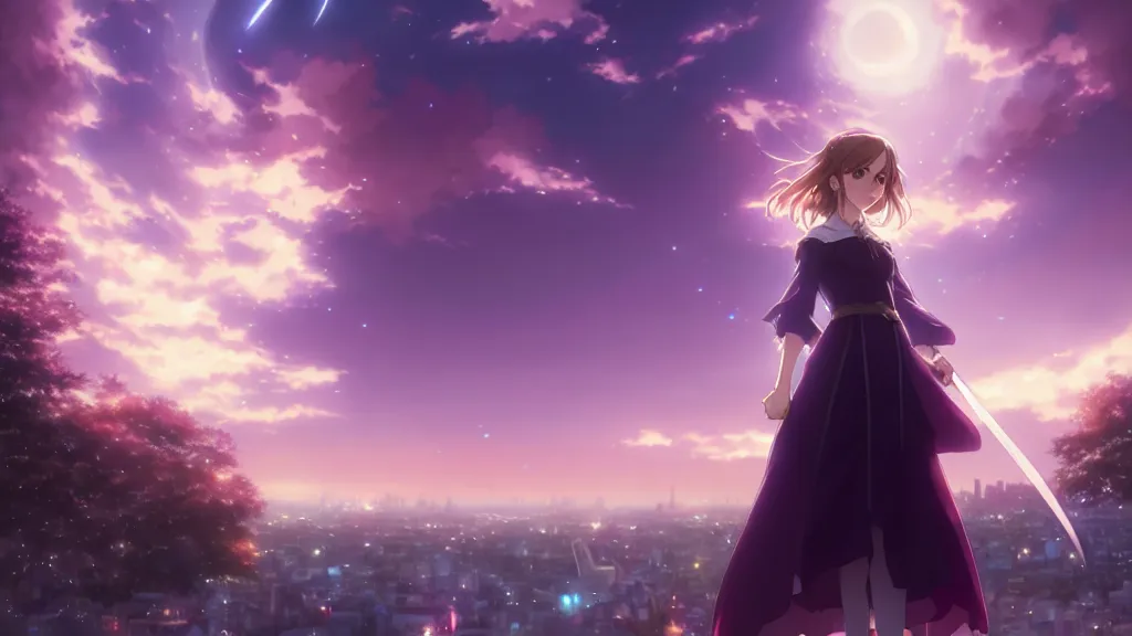 Image similar to medium portrait emma watson in heavens feel movie, detailed face, violet evergarden, tokyo, ufotable, key visual, cinematic, city background, night time, street, fate stay night, unlimited blade works, greg rutkowski, high resolution, street clothes, anime, high budget