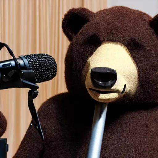 Prompt: A bear on a stage talking into a microphone with a sincere look