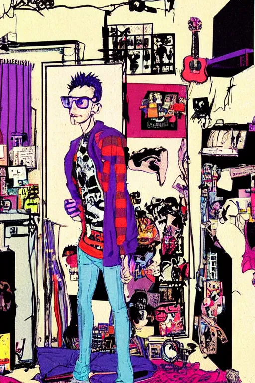 Prompt: a skinny goth guy standing in a cluttered 9 0 s bedroom by jamie hewlett, jamie hewlett art, full body character concept art, vaporwave colors,