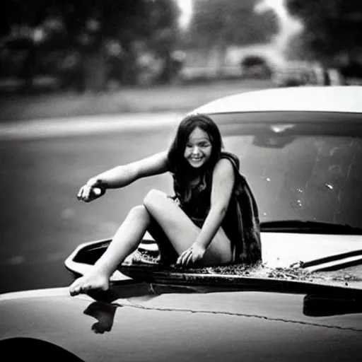 Prompt: “ barefoot girl sitting on the hood of a car drinking a beer in the summer rain ”