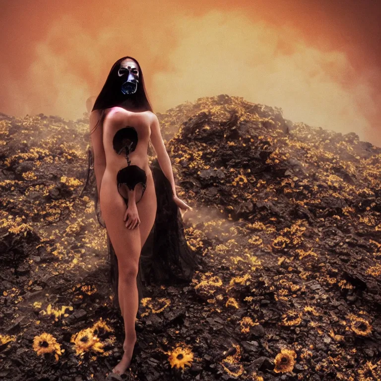 Image similar to The full body shot of beautiful pale woman with many eyes flowers and full-face golden mask inside a thick black smoke in rocky desert landscape, glowing eyes, falling star on the horizon, burning earth by Gaspar Noe and Christopher Doyle, anamorphic lens, anamorphic lens flares, kodakchrome, cinematic composition, practical effects, award winning photo, 8k