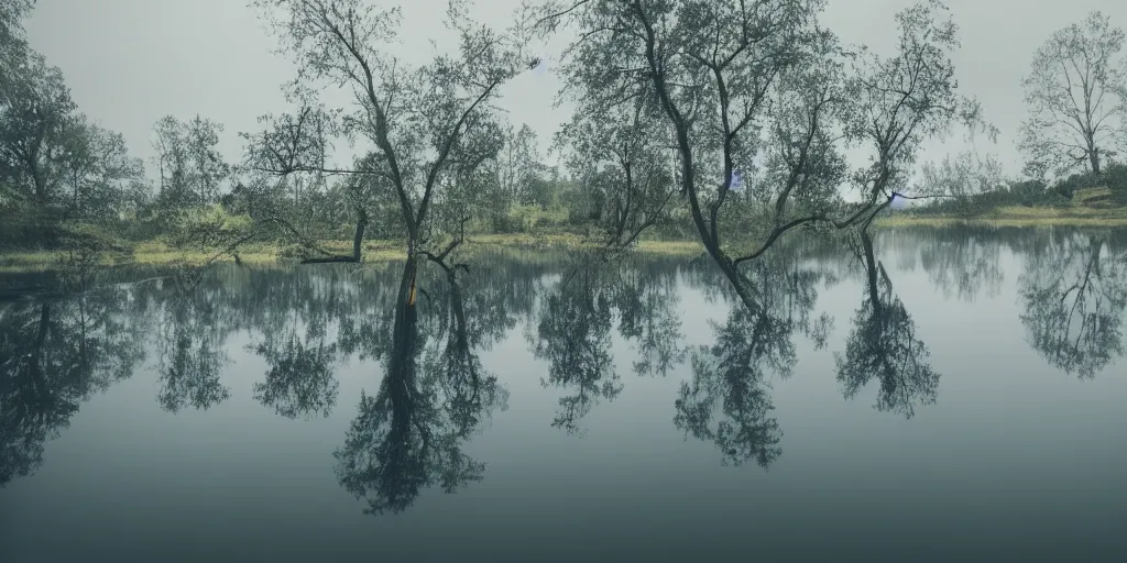 Image similar to centered photograph of a long rope zig zagging across the surface of the water, floating submerged rope stretching out towards the center of the lake, a dark lake on a cloudy day, color film, trees in the background, hyperedetailed photo, moody volumetric, anamorphic lens