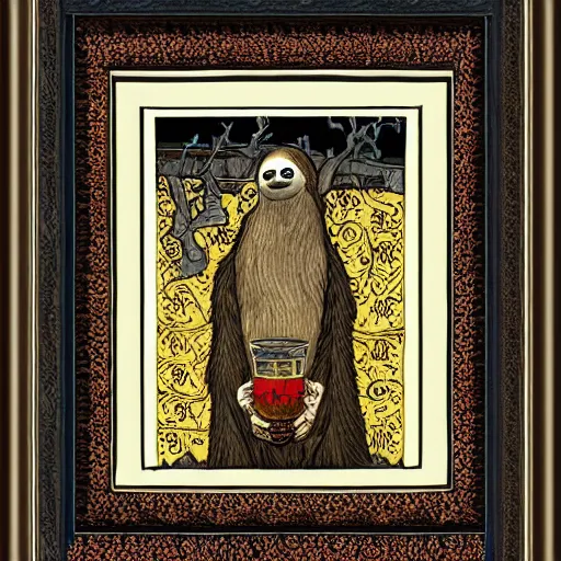 Image similar to sloth as the king of cups, framed, intricate details, medieval art style, high contrast, posterized