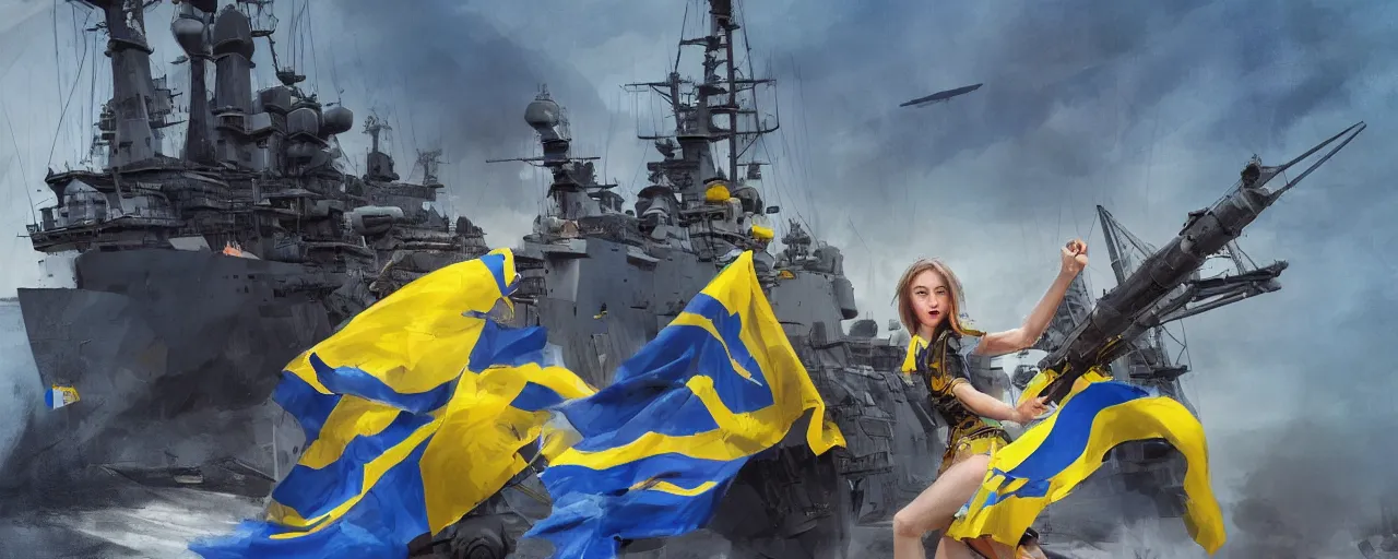 Image similar to third person views of a Ukrainian girl in national clothes with blue and yellow stripes in her hair and gun in her hands ready to fight standing against a huge Russian flag warship, concept art, highly detailed, smooth, sharp focus, illustration, wide shot, cinematic, 8k, art by Greg Rutkowski, trending on Artstation