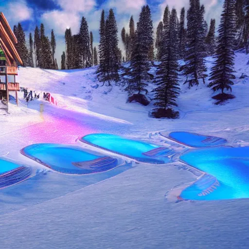 Image similar to psychedelic ski resort with hot springs, concept art, unreal engine 5 8k render