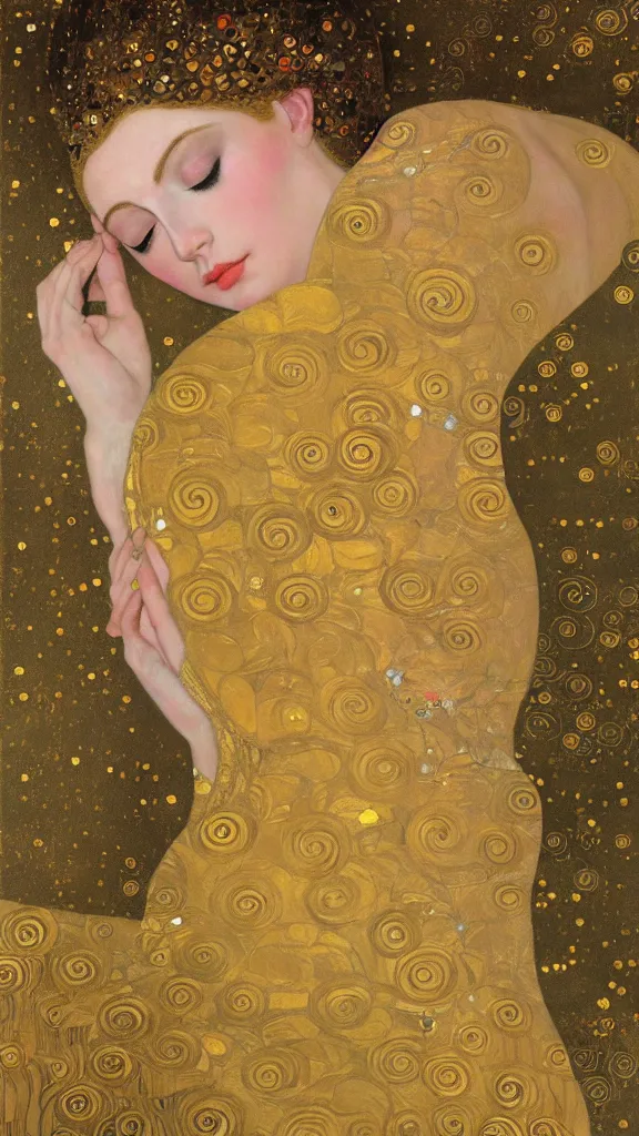 Image similar to a soft and breathtaking detailed painting of a sleeping blonde princess in the style of Gustav Klimt, , shiny gold, elegant, highly detailed, artstation, concept art, matte, sharp focus, art by Gustav Klimt