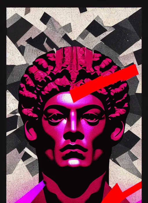 Image similar to black background with subtle red and purple geometric design elements, statue of hercules, nekro, graphic design, collage art, dark, glitch art, neo vaporwave, gritty, layout frame, trending on artstation