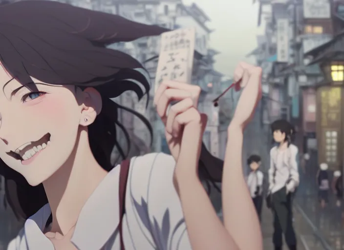 Image similar to a film still portrait of a young woman smiling, finely detailed features, closeup at the faces, perfect art, at a city street, gapmoe yandere grimdark, trending on pixiv fanbox, painted by greg rutkowski makoto shinkai takashi takeuchi studio ghibli, akihiko yoshida