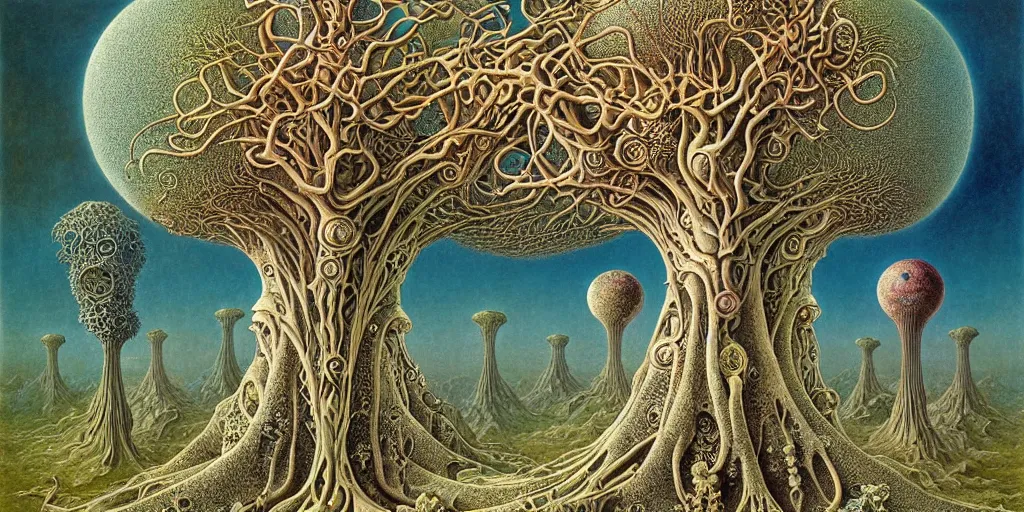 Image similar to tree of life by roger dean and andrew ferez, art forms of nature by ernst haeckel, divine chaos engine, symbolist, visionary, art nouveau, botanical fractal structures, organic, detailed, realistic, surreality