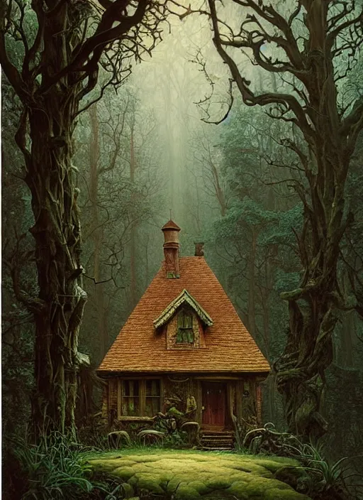 Image similar to hyper realistic witch cottage rococo in the woods gorgeous lighting, highly detailed, lush forest painting by zdzisław beksinski and norman rockwell and greg rutkowskiweta studio, and lucasfilm