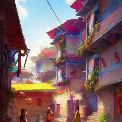 Image similar to colorful Kurdish village, anime, a fantasy digital painting by Greg Rutkowski and James Gurney, trending on Artstation, highly detailed